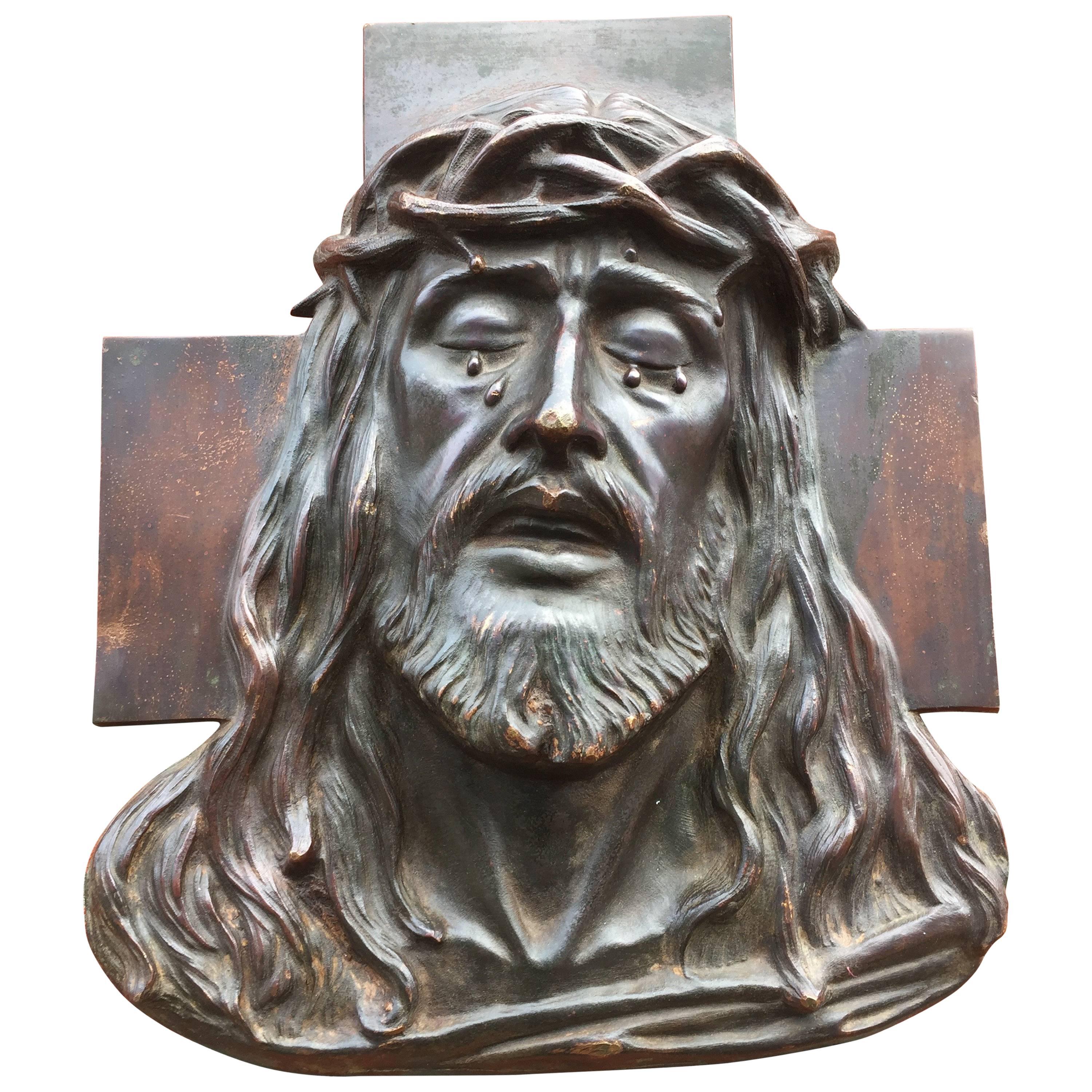 Early 1900 Art Deco Religious Bronze Wall Plaque in Relief Suffering of Christ