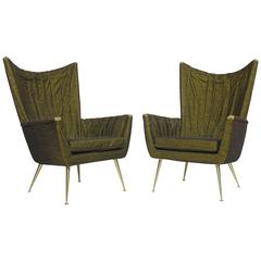 Italian Lounge Chairs in Original Green Horsehair Fabric on Brass Legs 1