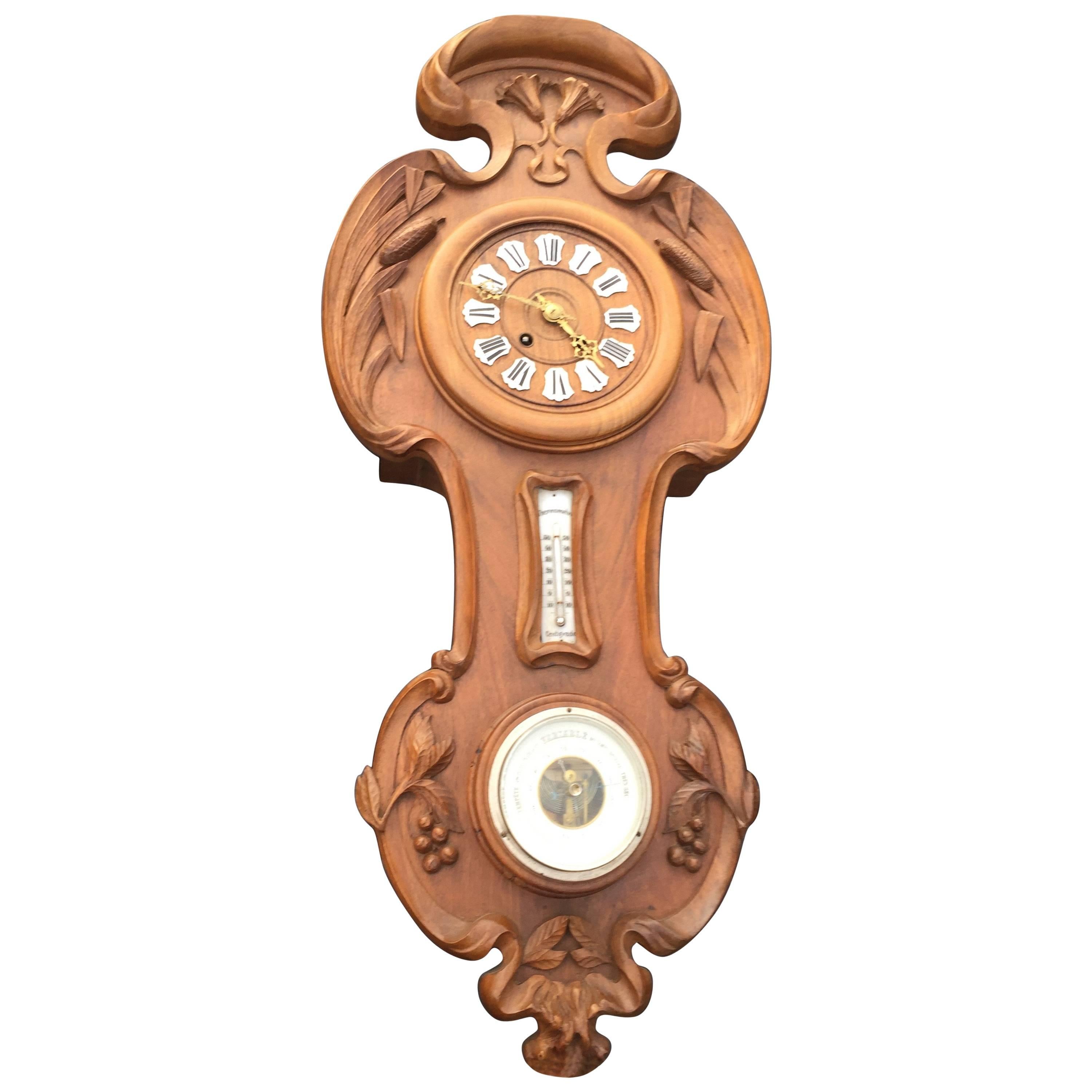 Early 20th century, good size Art Nouveau wall clock. 

This antique weather station hand carved and stunning Art Nouveau clock has a beautiful color / patina and it is in wonderful condition. . .from top to bottom. The organic and floral Art