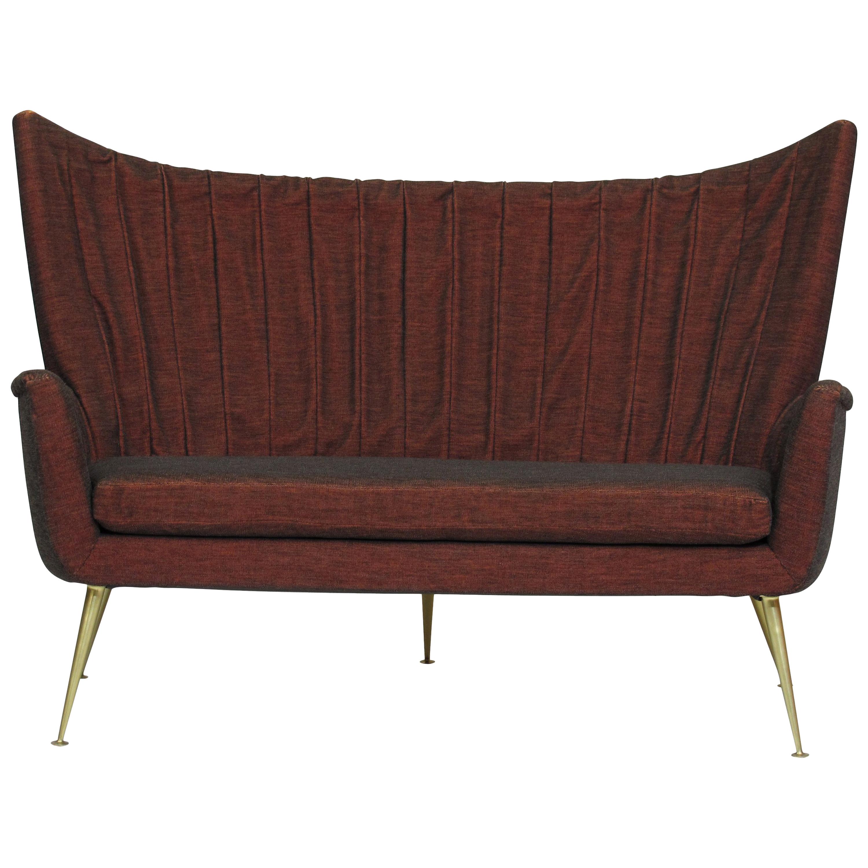 Italian Midcentury Settee in Burgundy Red Horsehair Fabric on Brass Legs