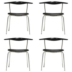 Hans Wegner Pp701 Bull Horn Dining Chairs in Black Lacquer, Leather and Steel