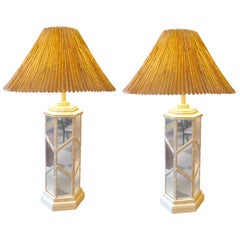 Pair of American Mid- Century Bamboo Trellis Mirror Hexagon Column Lamps