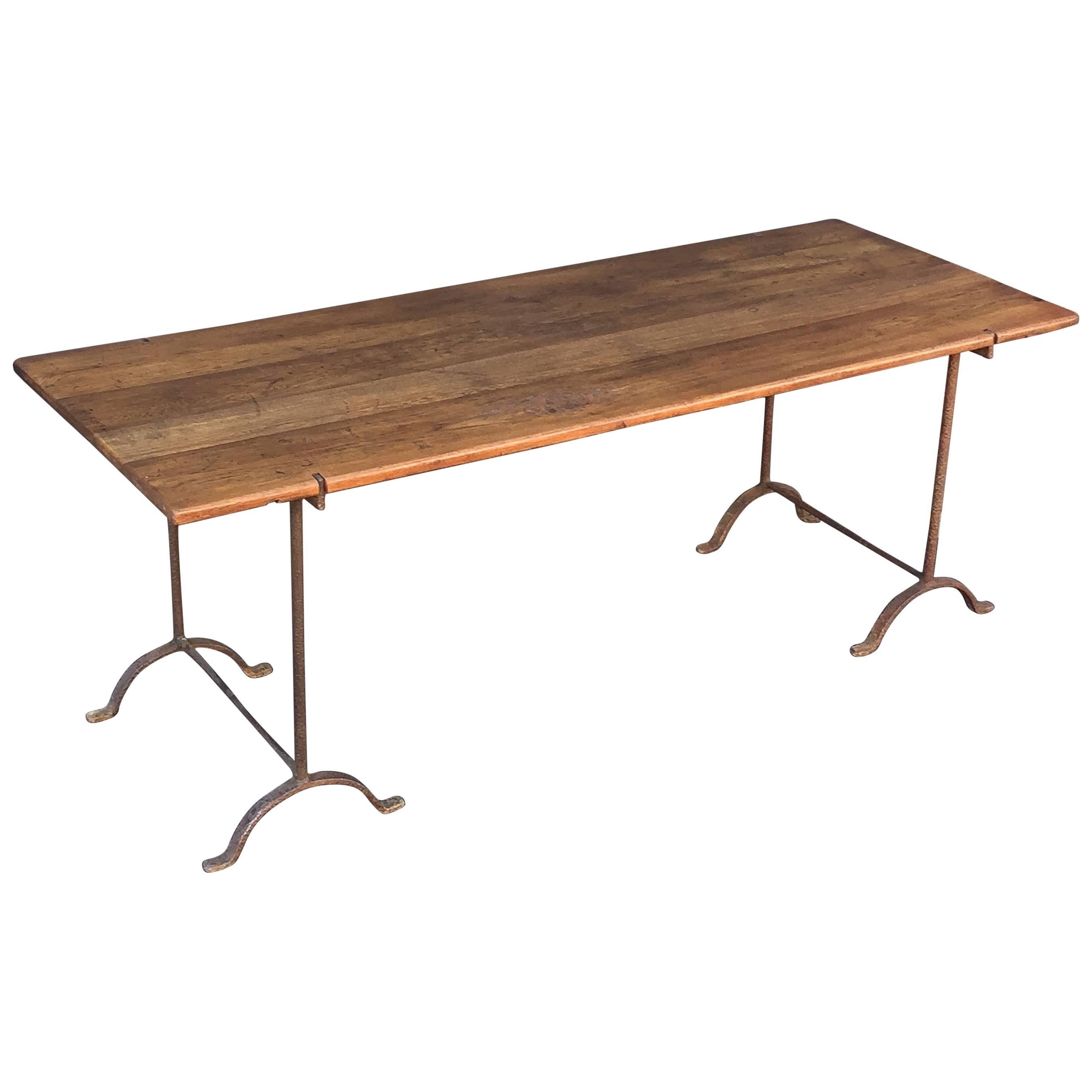 Large English Trestle Table with Iron Supports