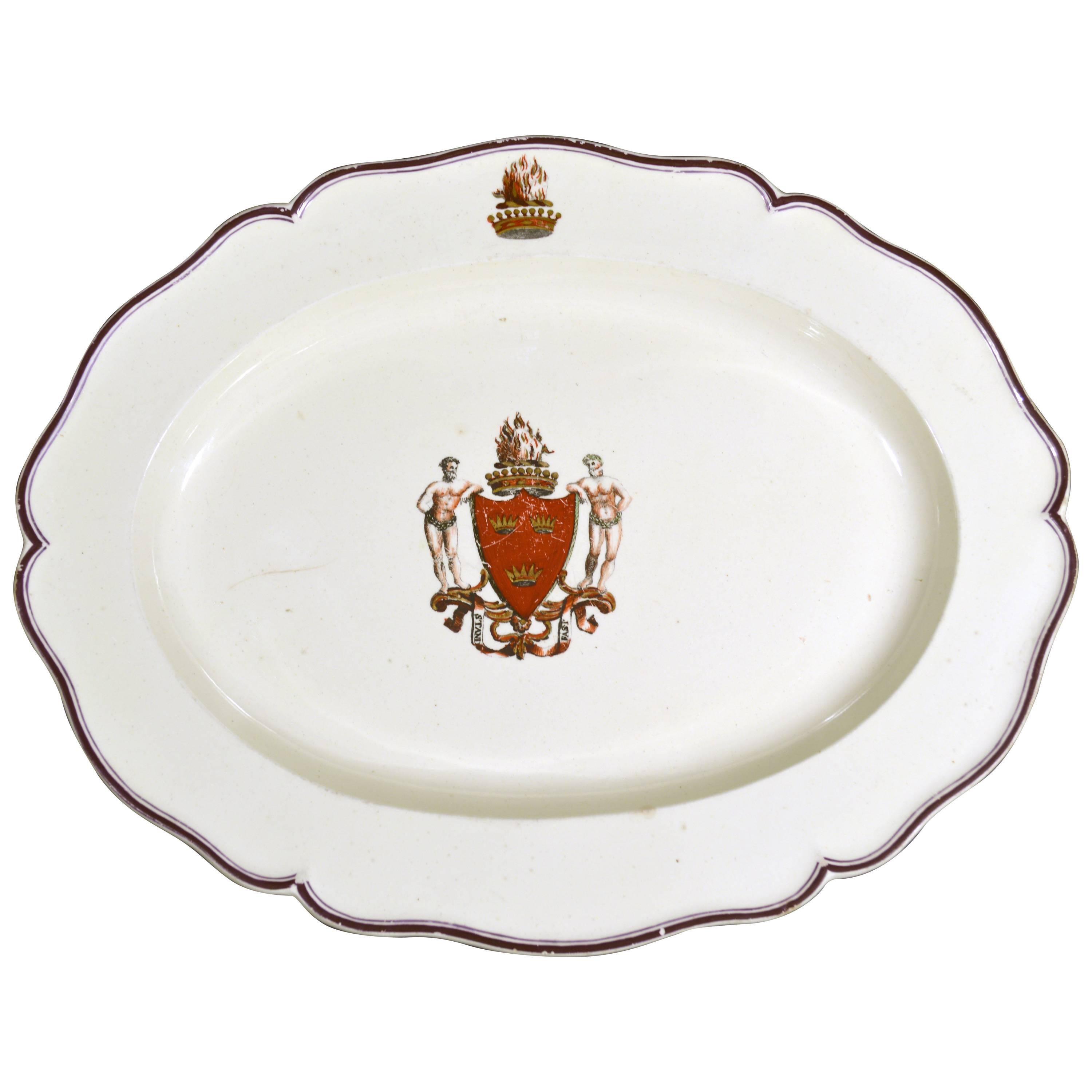 Creamware armorial dish, 
Possibly Melbourne,
Arms of grant,
circa 1800.

The large dish with a puce band on the border and a central coat of arms and a crest to the upper border. The arms are of the chief of the Grant's.

Dimensions: 13 3/4