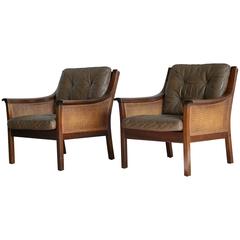 Armchairs in Mahogany and Olive Colored Leather Torbjørn Afdal for Bruksbo