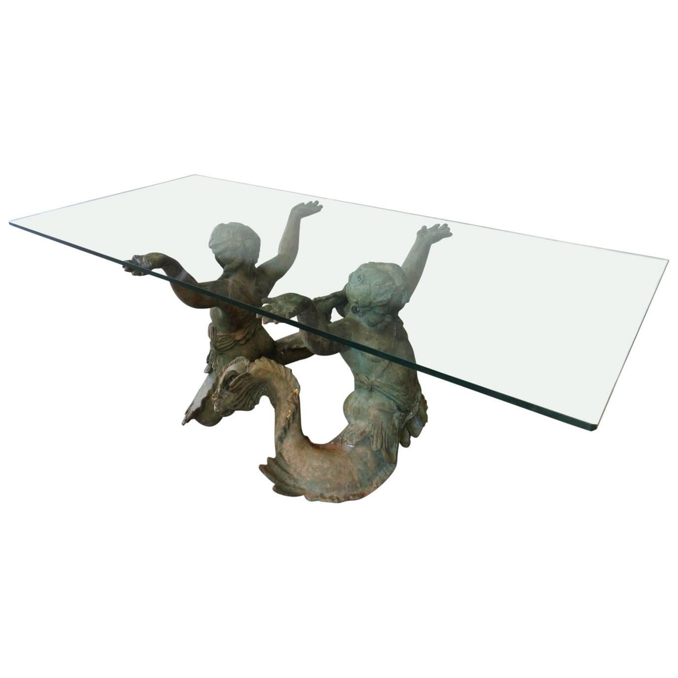 Bronze Merman Coffee Table with Glass Top For Sale