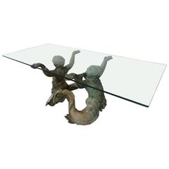 Vintage Bronze Merman Coffee Table with Glass Top