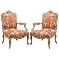 Pair of Mid-20th Century French Louis XV Carved Armchairs with White Wash Finish Pair of Mid-20th Century French Louis XV Carved Armchairs with White Wash Finish