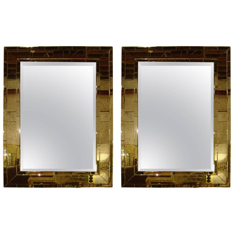Pair Of Art Deco Style Brick Framed Distressed Wall Console Mirrors