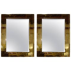 Pair of Art Deco Style Brick Framed Distressed Wall Console Mirrors Pair of Art Deco Style Brick Framed Distressed Wall Console Mirrors