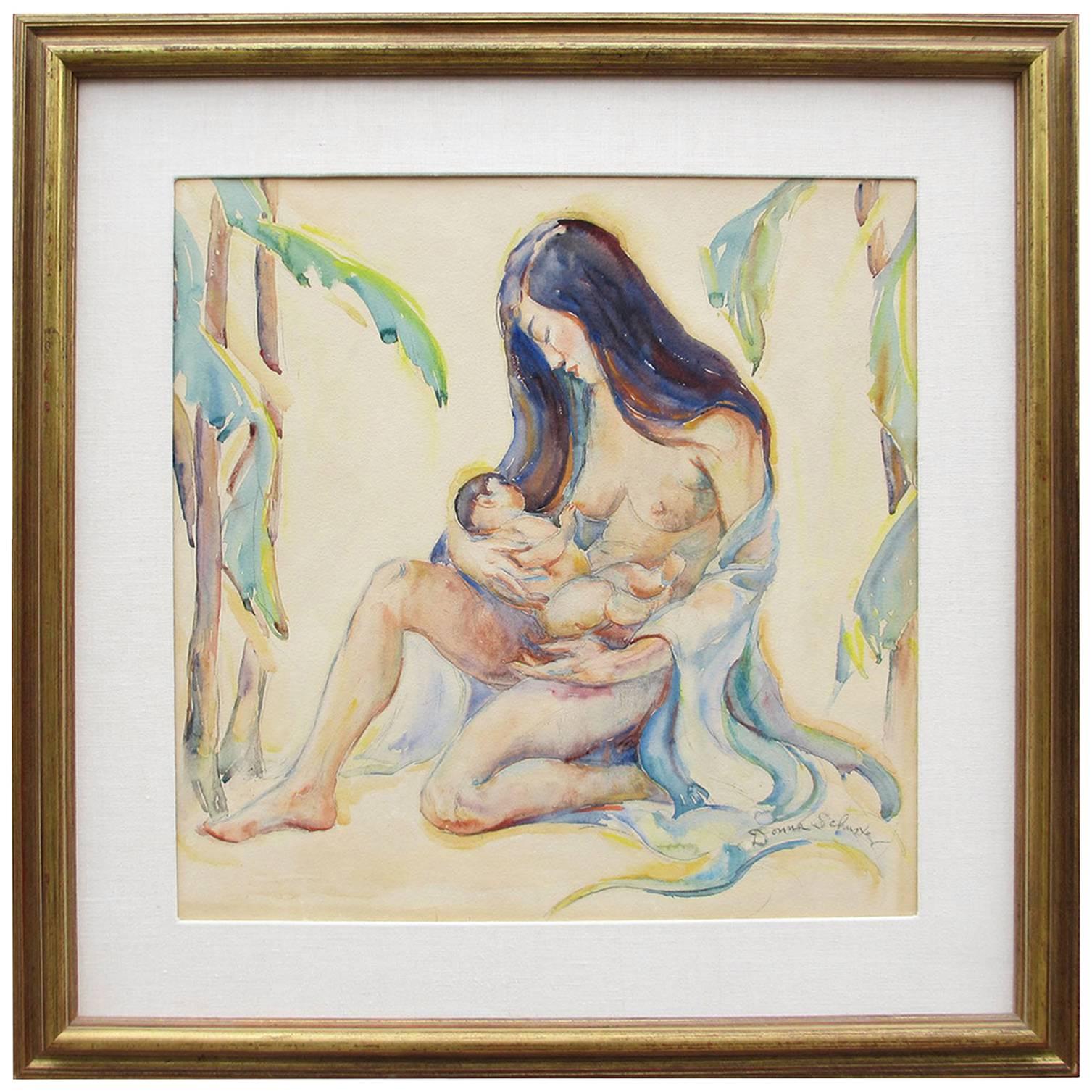 Donna Schuster “Mother and Child” Watercolor, Pencil and Gouache