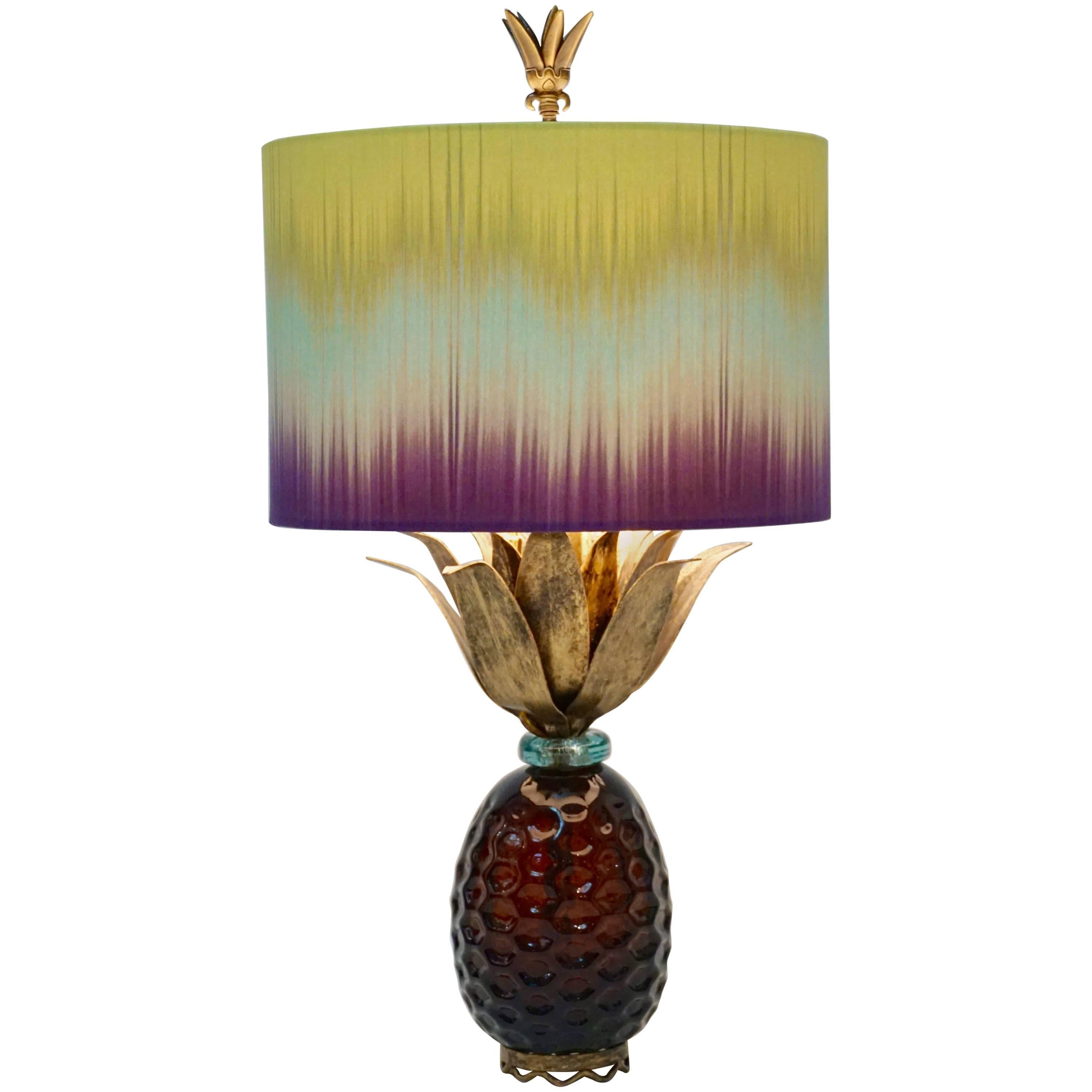 American 1990s Brass and Gold Glass Pineapple Lamp with Lime Blue Purple Shade