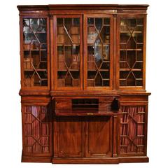 Regency Mahogany Breakfront Bookcase with Secretaire, Signed by Maker