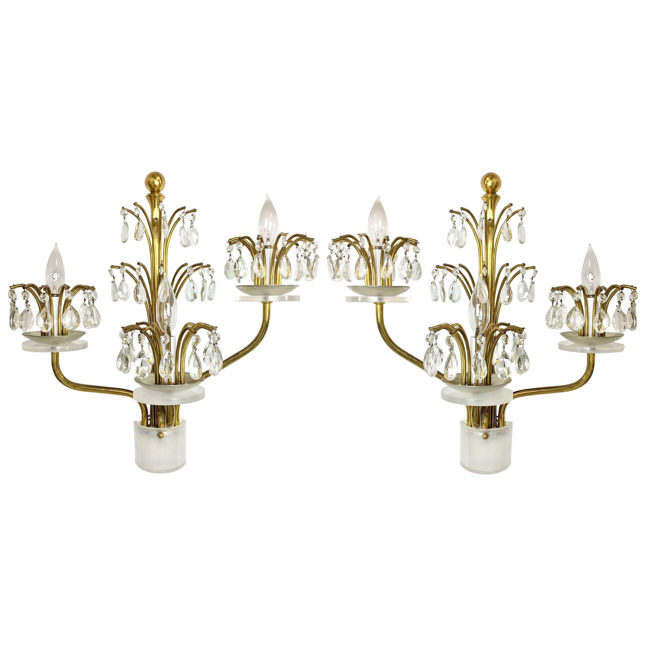 Pair of Hollywood Regency Brass, Crystal and Lucite Sconces