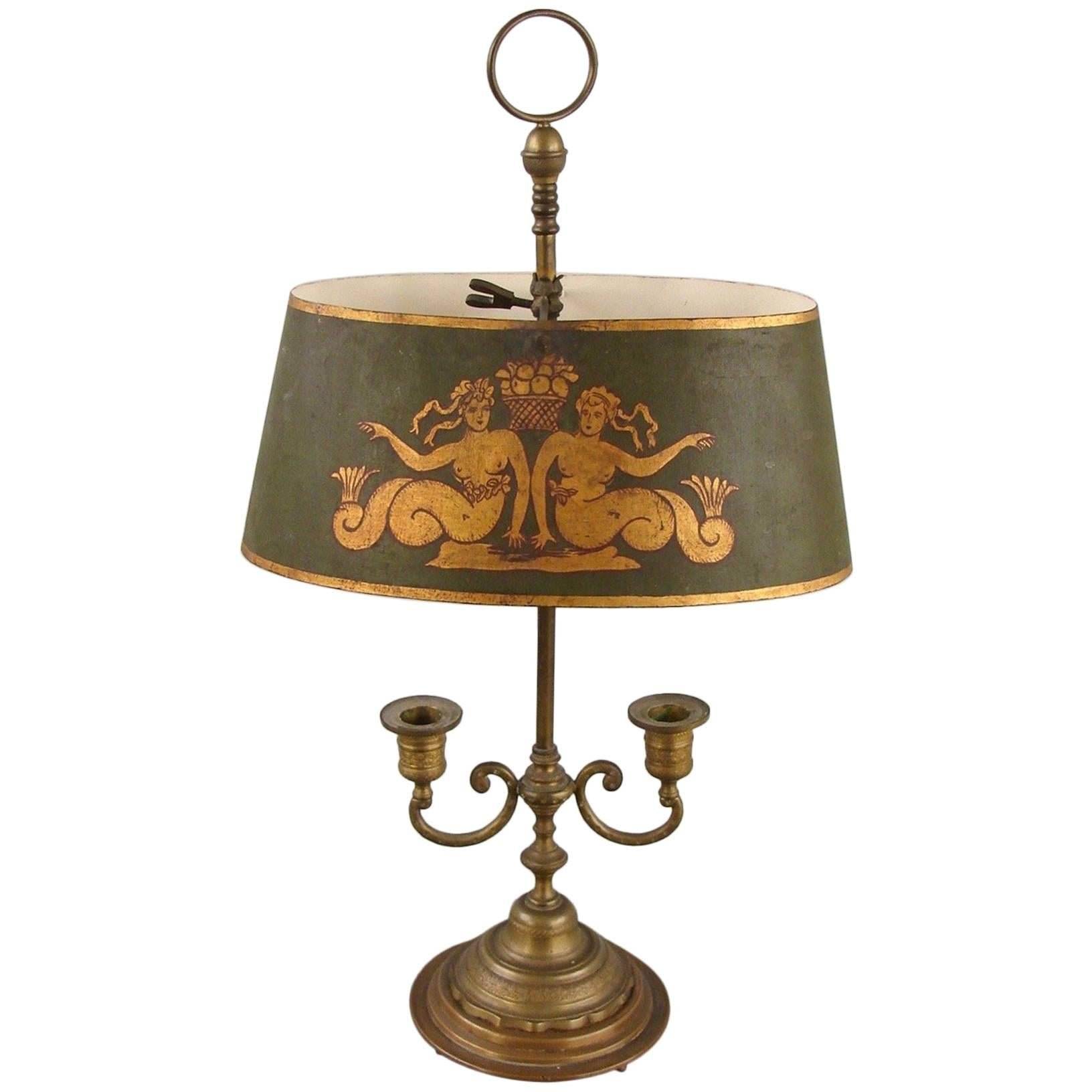 French Brass Two-Light Bouillotte Lamp with Mermaid Decorated Shade