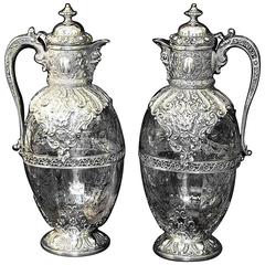 Pair of Antique English Silver Mounted Claret Jugs