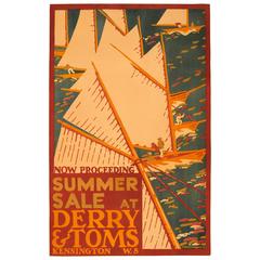 Affiche publicitaire originale rare : Soldes d'été chez Derry & Toms Kensington