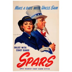 Original World War II Recruitment Poster - Make a Date with Uncle Sam USCG Spars