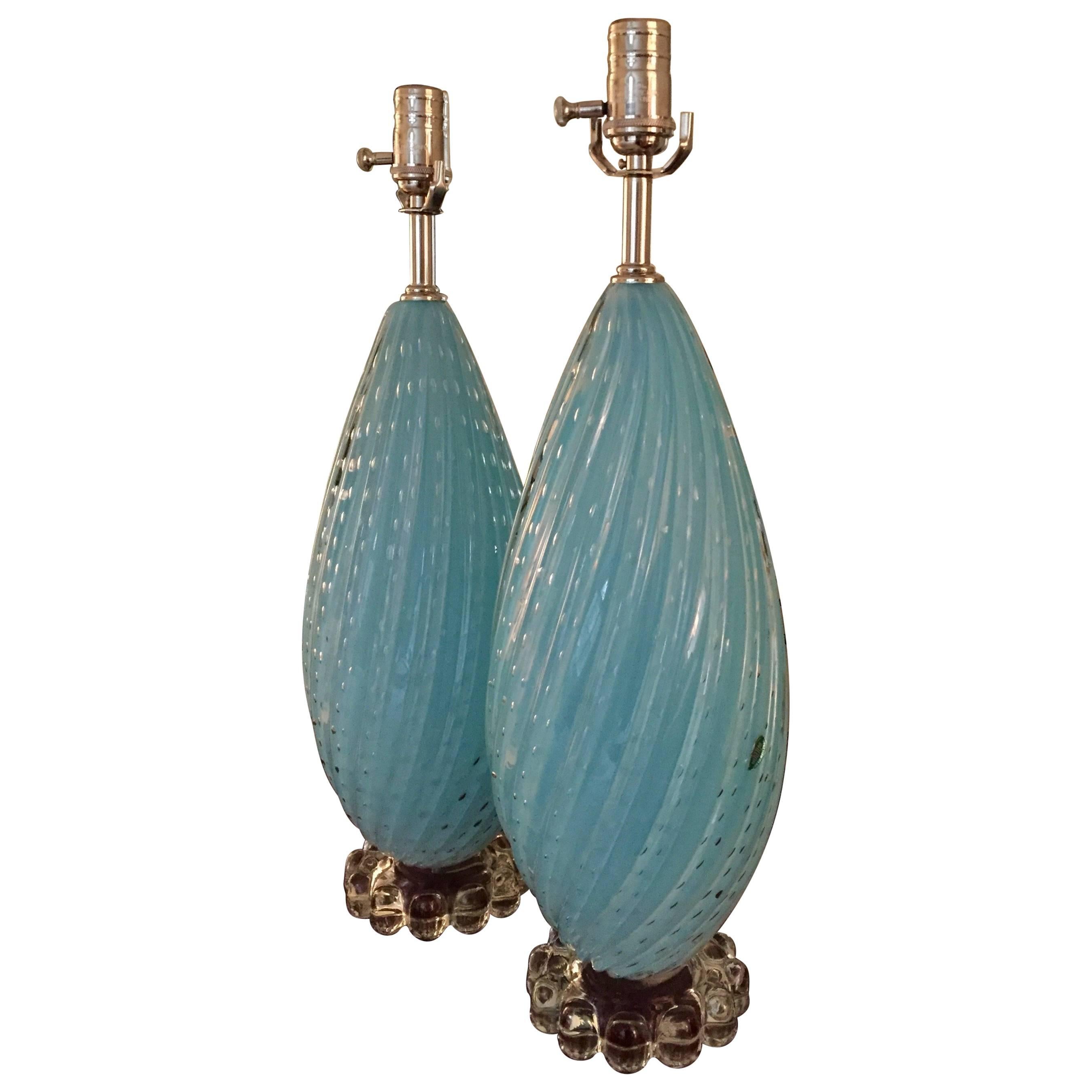 Pair of Sky Blue Murano Glass Table Lamps by Balboa For Sale