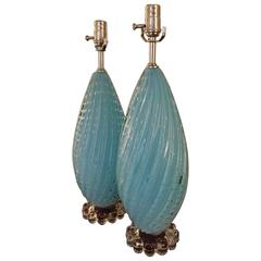 Pair of Sky Blue Murano Glass Table Lamps by Balboa