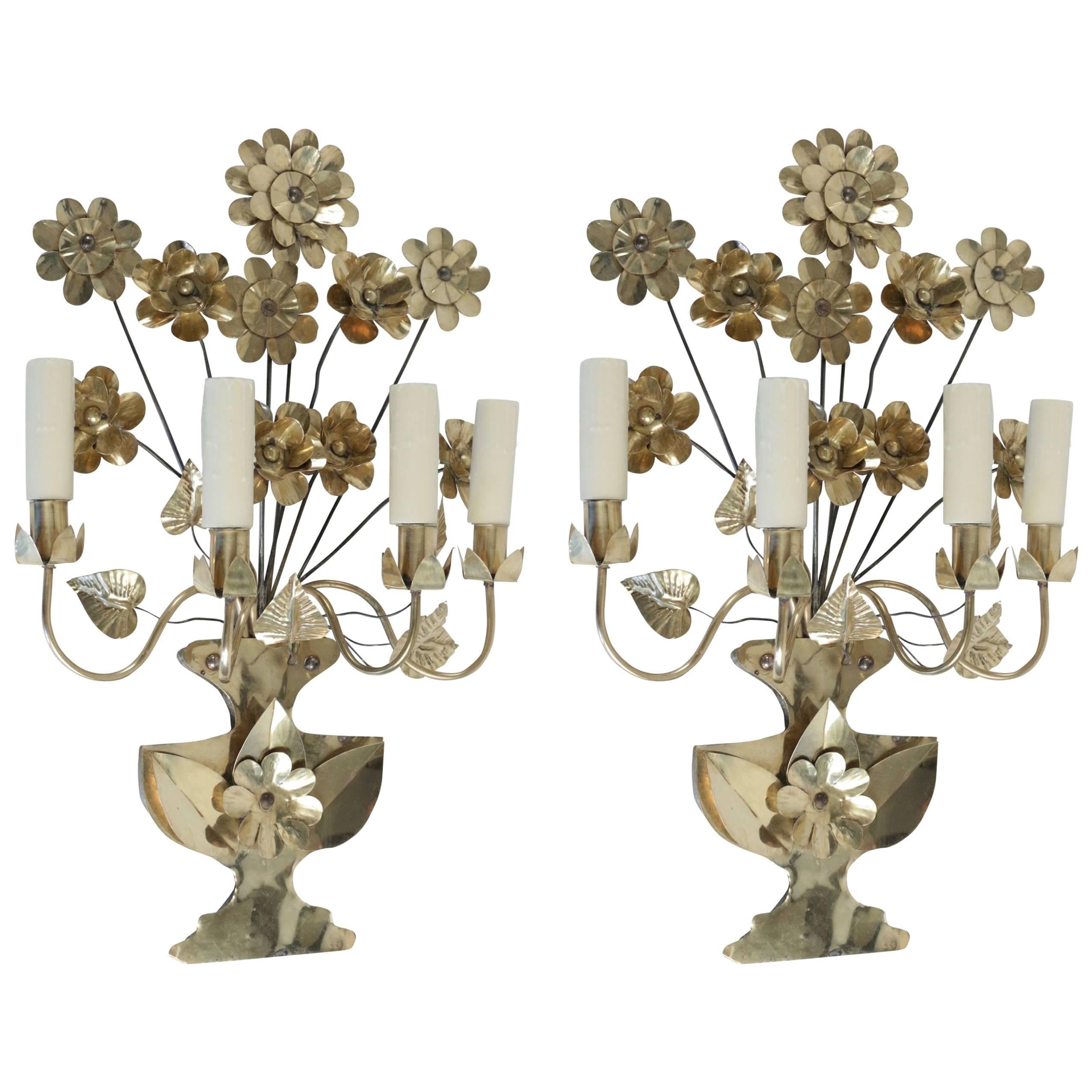1960s Pair of "Le Bouquet" Brass Sconces, Maison Honoré