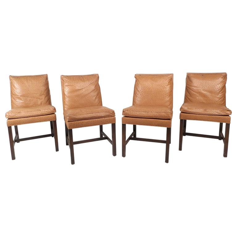 Set of MidCentury Modern Faux Ostrich Covered Dining Chairs For Sale