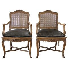 Pair of French Cane Fauteuils with Mushroom Velvet Cushions