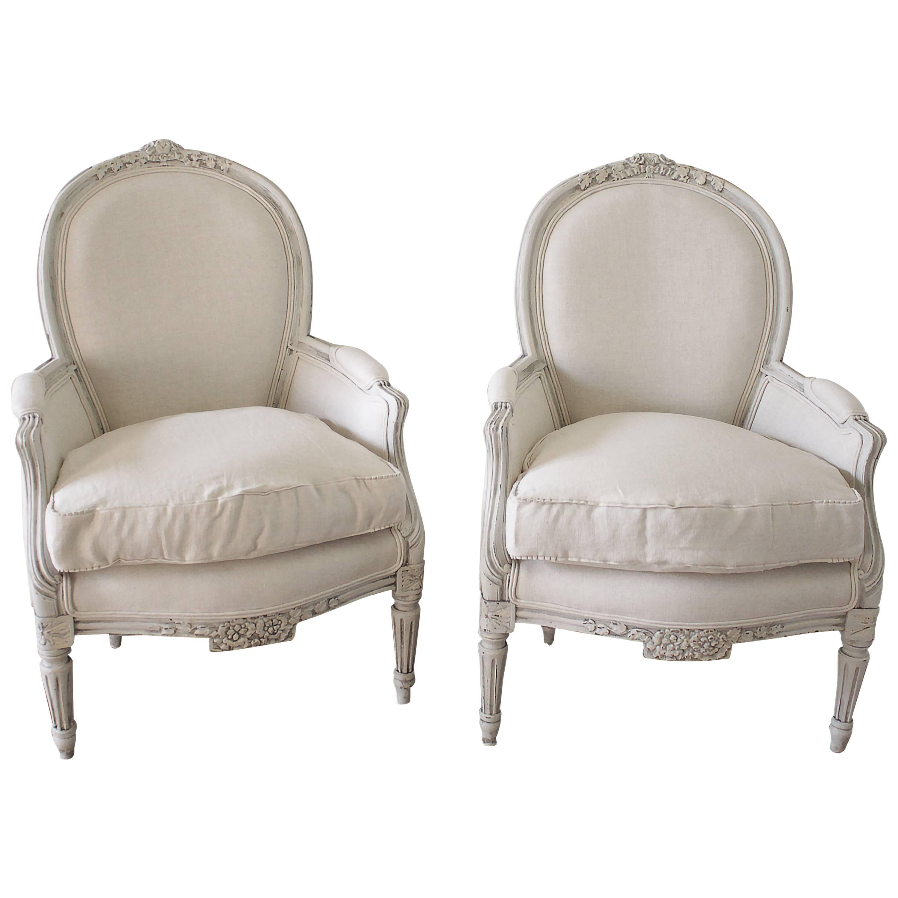 Pair of Painted and Upholstered Belgian Linen Louis XVI Style Bergere Chairs