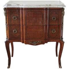 Antique Marquetry Commode with Diamond Shape Inlays and White Marble Top