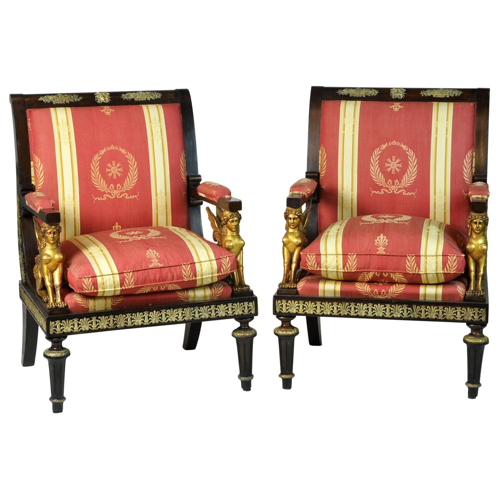 Pair of French Empire Revival Bronze Mounted and Gilt Sphinx Armchairs