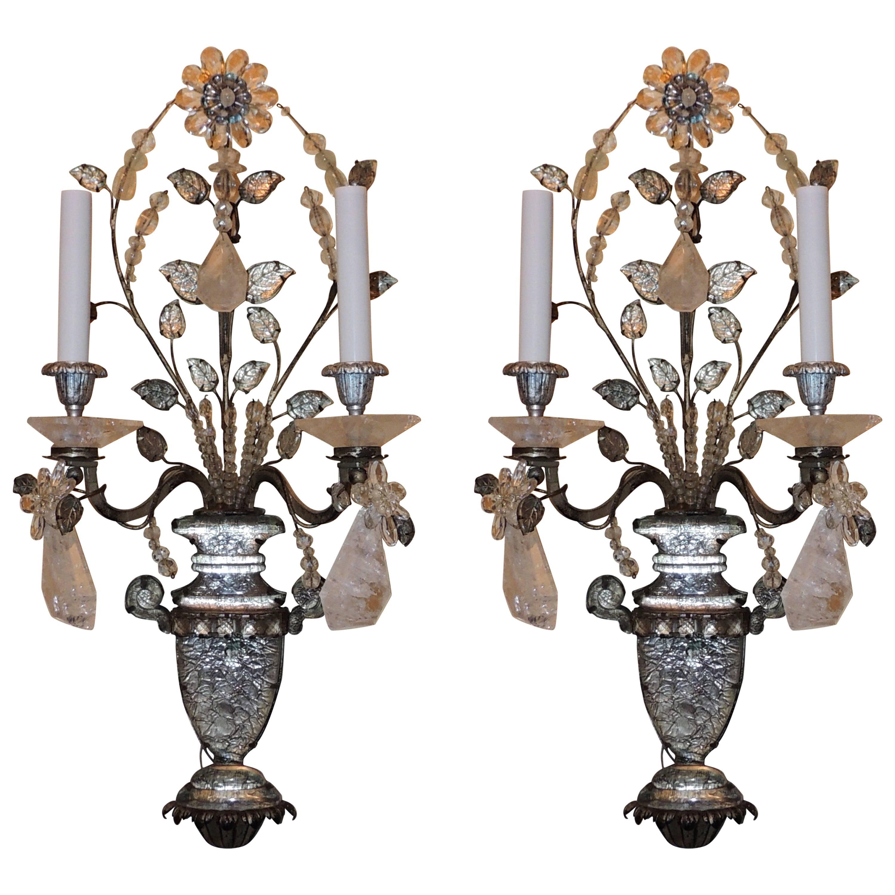 Wonderful Pair French Rock Crystal Silvered Bronze Two-Arm Jansen Sconces