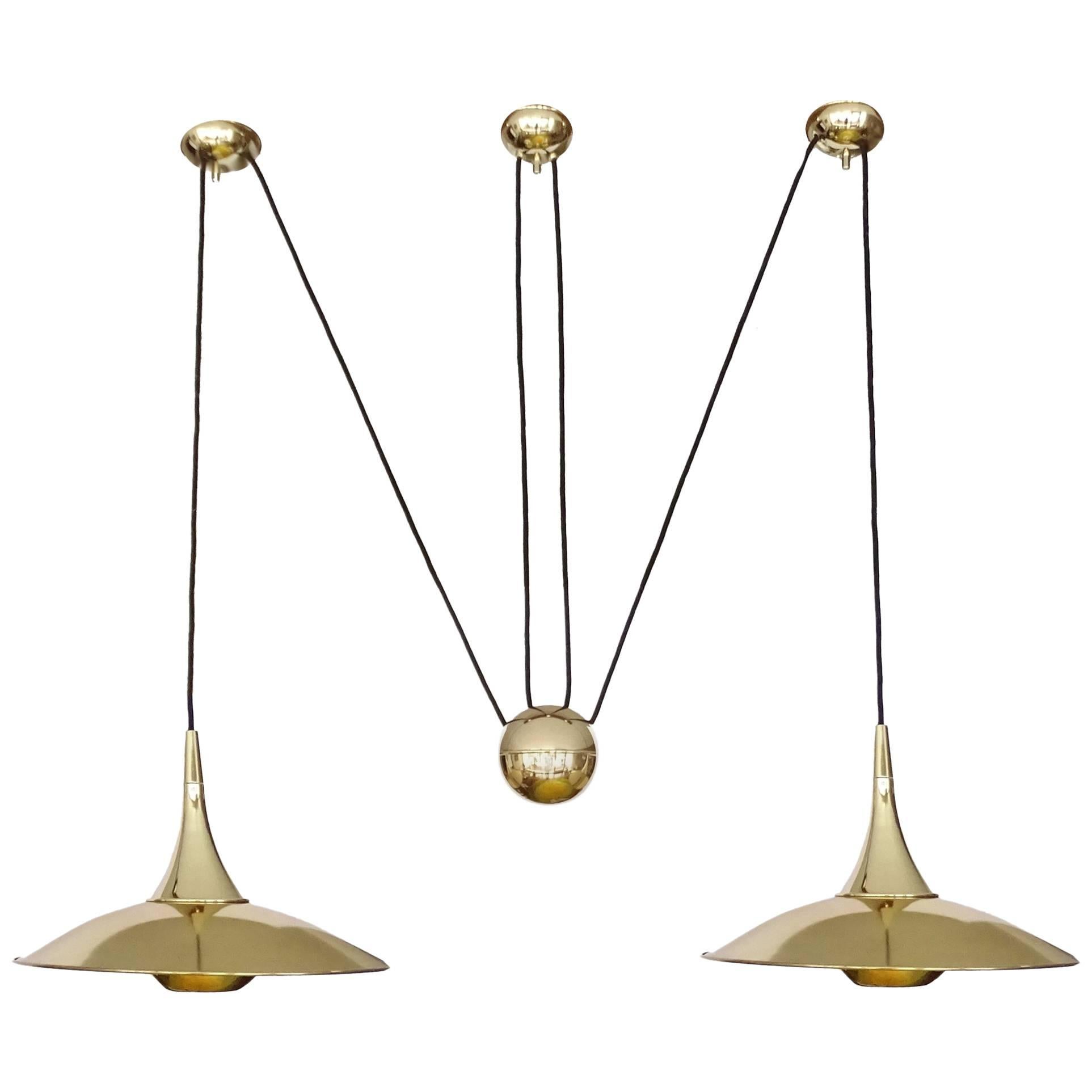 Very Large Pair Brass Counterweight Chandelier  Pendant Lamp Schultz Era