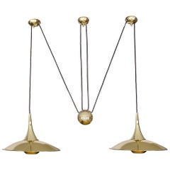 Very Large Pair Brass Counterweight Chandelier  Pendant Lamp Schultz Era