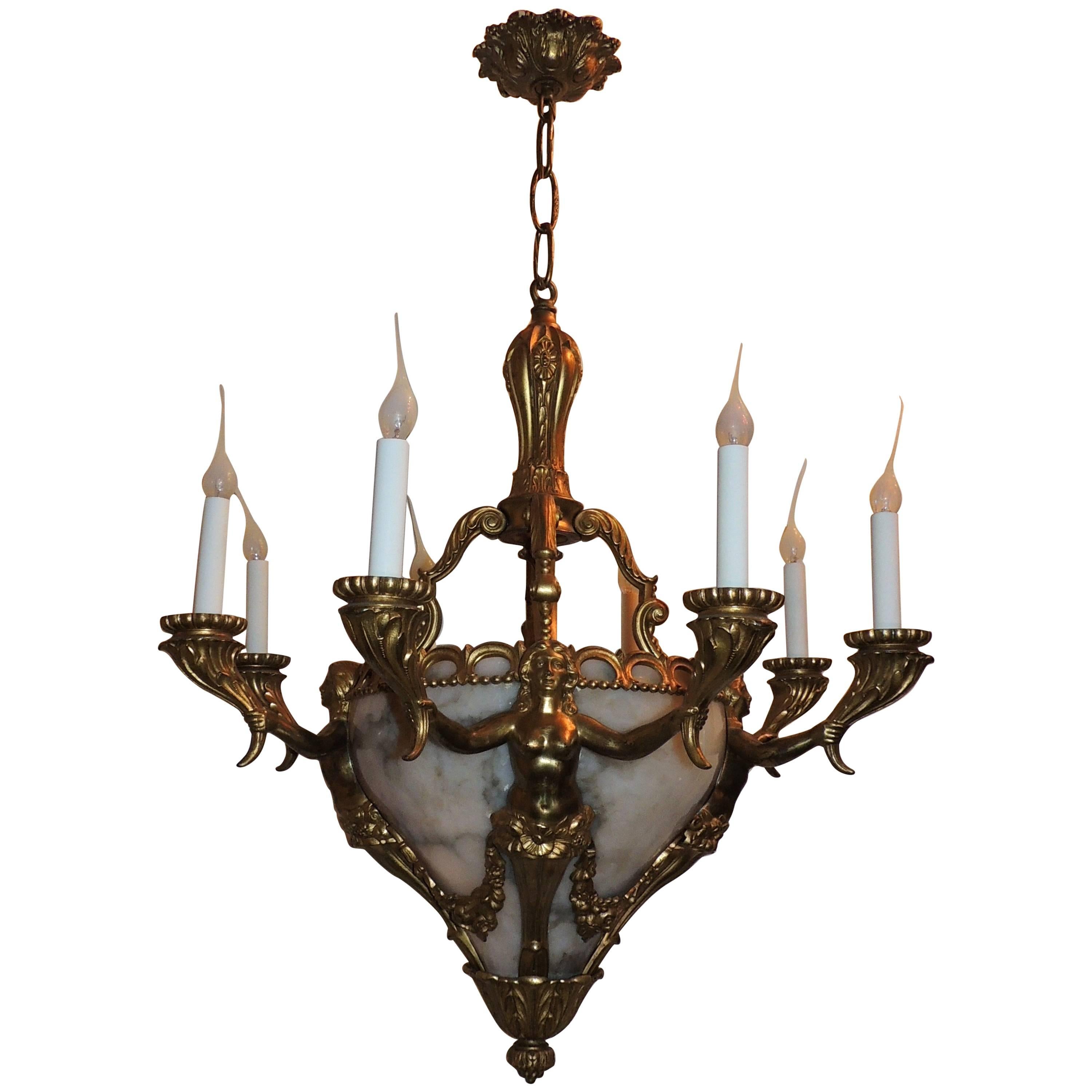 French Bronze Alabaster Figural Nine-Light Neoclassical Empire Chandelier