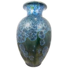 Tall Arts and Crafts Blue Crystal Flower Glazed Vase Stunning Colors