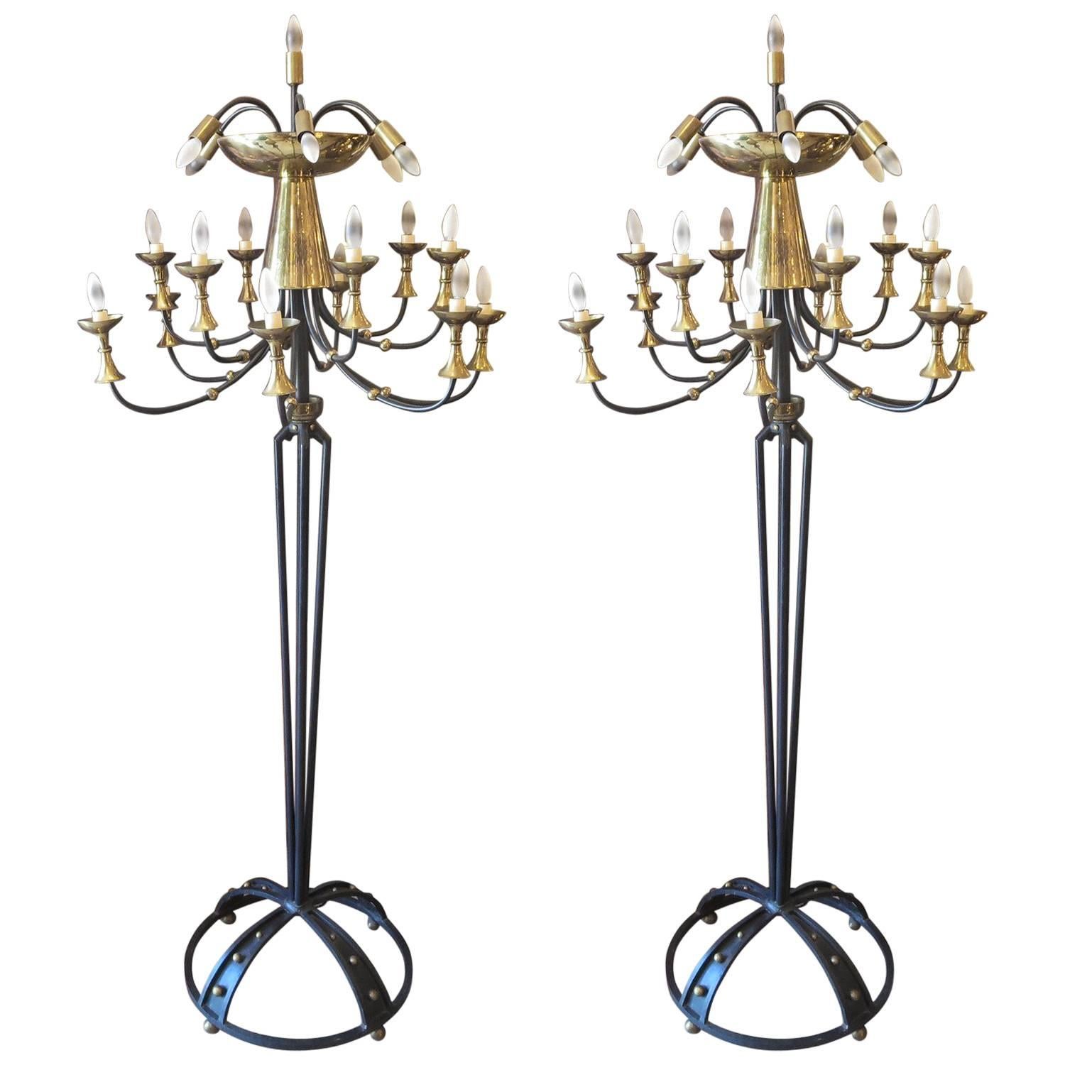 Pair of Italian Mid-Century Candelabra Style Wrought Iron & Brass Floor Lamps