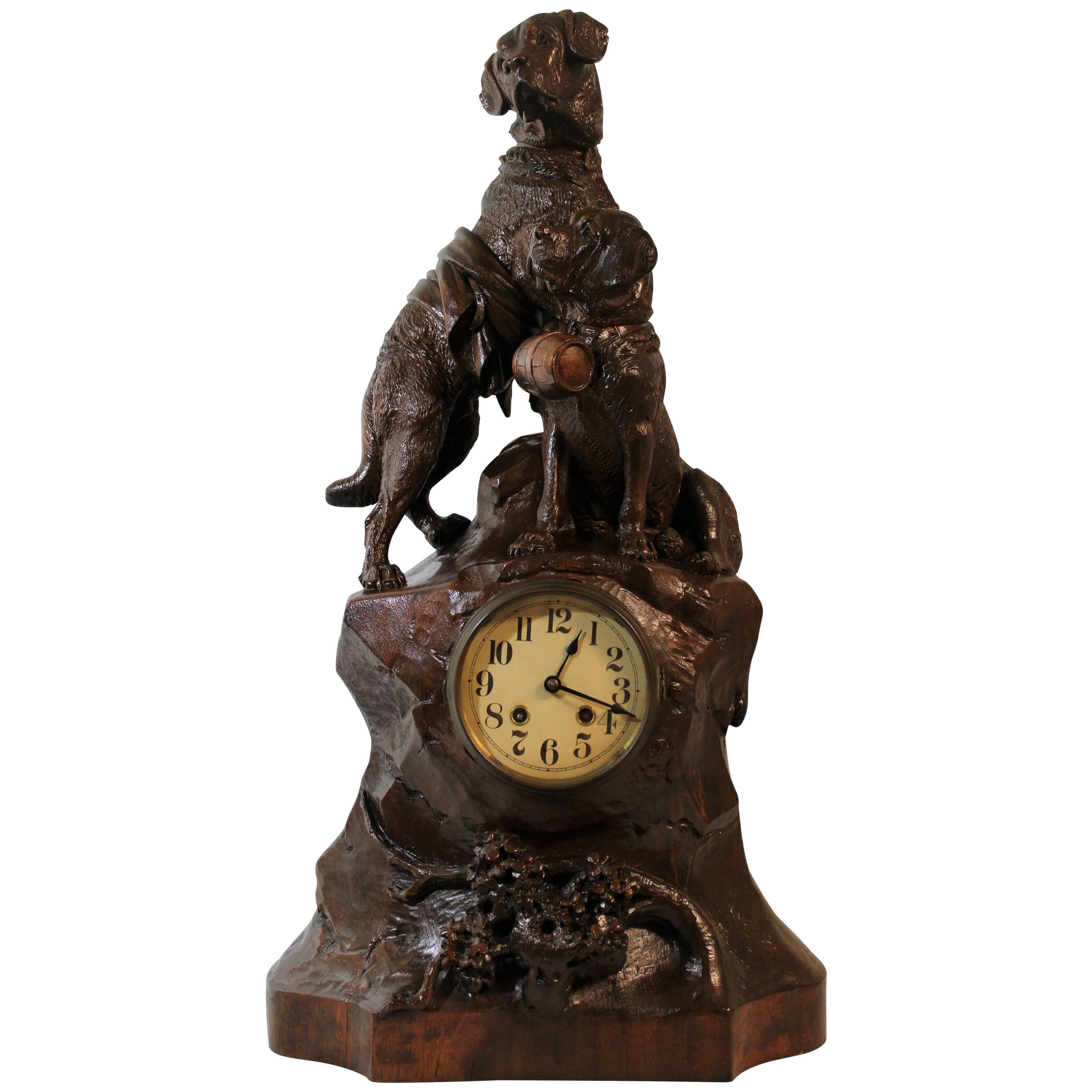 Large Black Forest Hand-Carved Mantel Clock with Saint Bernard Dogs