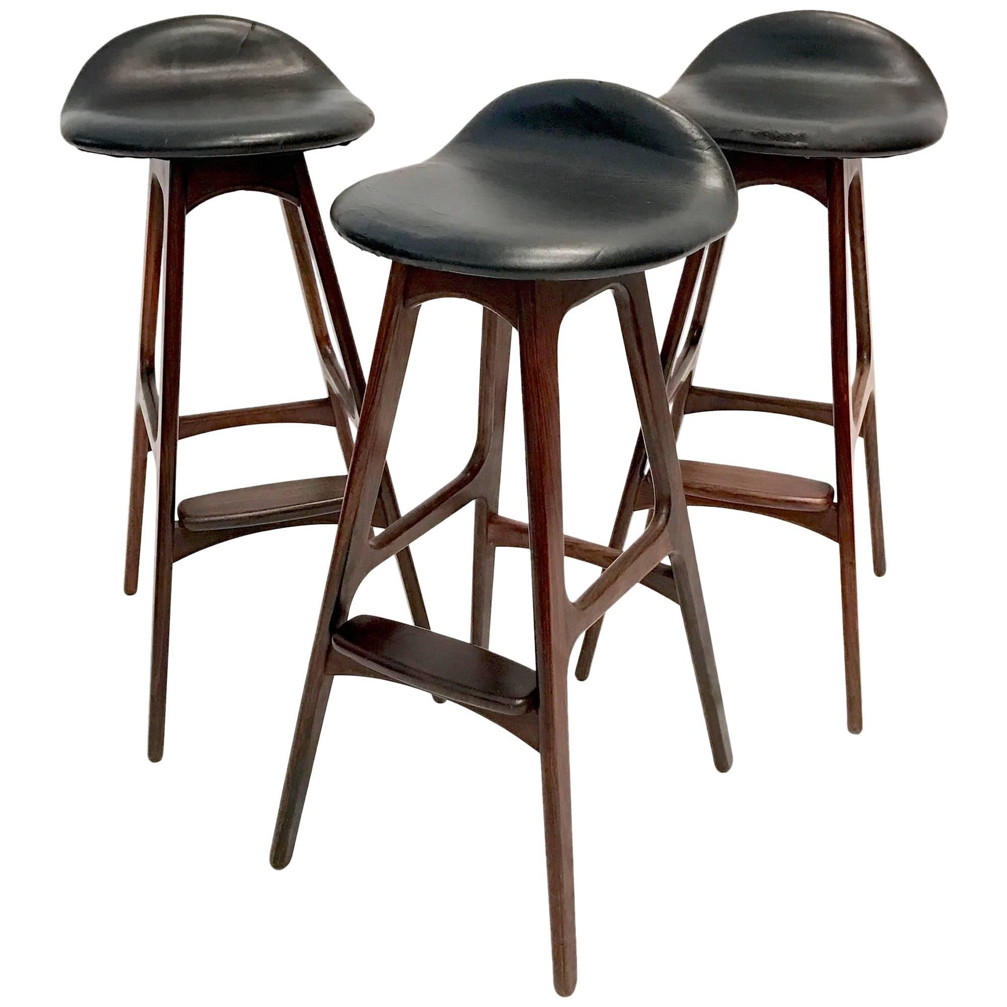 Set of Three Vintage Danish Barstools by Erik Buch in Rosewood and Black Leather