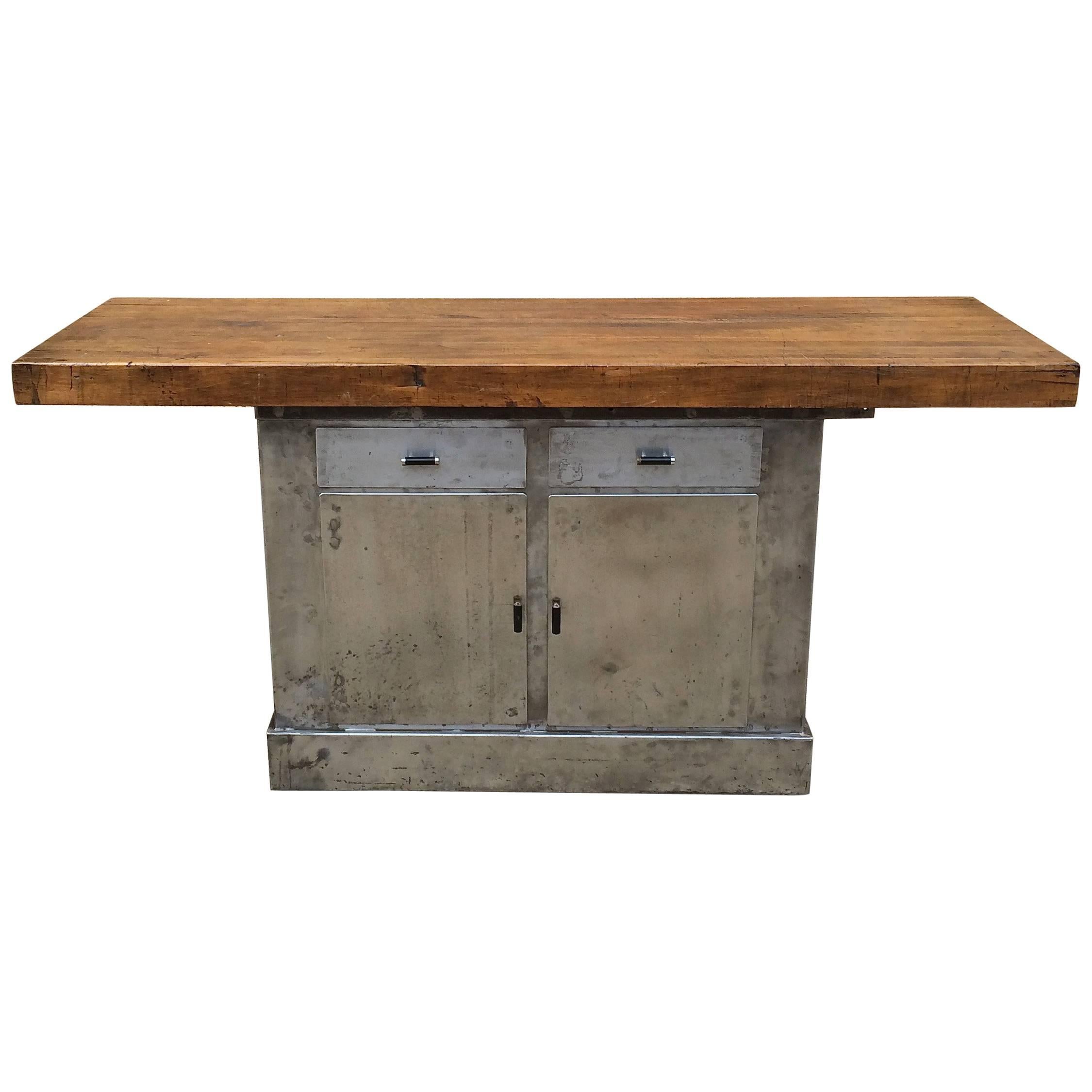 Custom Industrial Brushed Steel and Maple Island Console