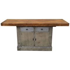 Used Custom Industrial Brushed Steel and Maple Island Console