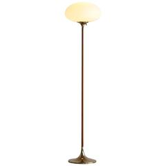 Laurel Walnut and Brass Mushroom Floor Lamp with Frosted Glass Shade