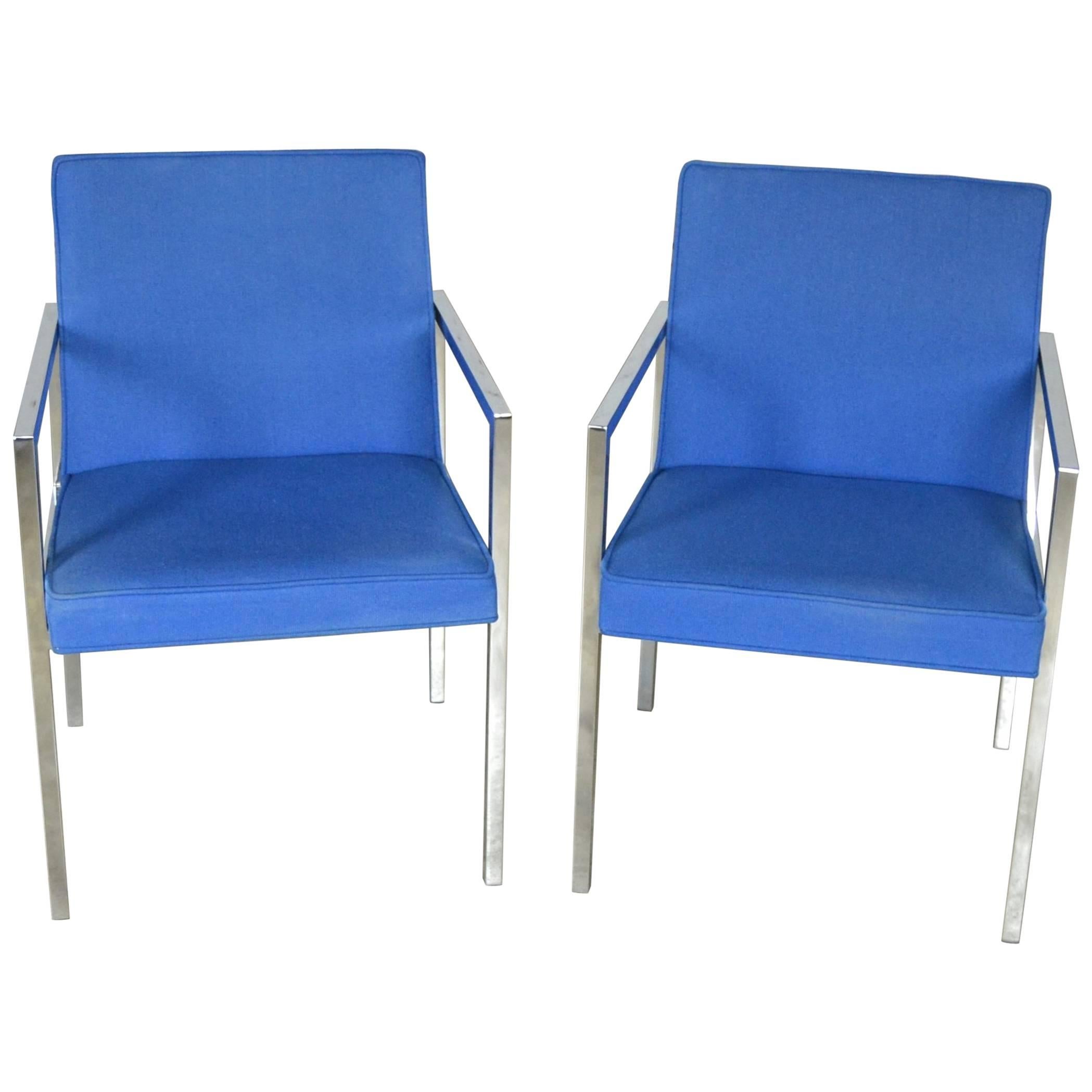 Vintage Pair of Royal Blue Milo Baughman Style Chrome Armchairs by Hibriten