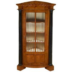 Antique Biedermeier Satin Birch or Fruitwood Corner Cabinet with Ebonized Columns