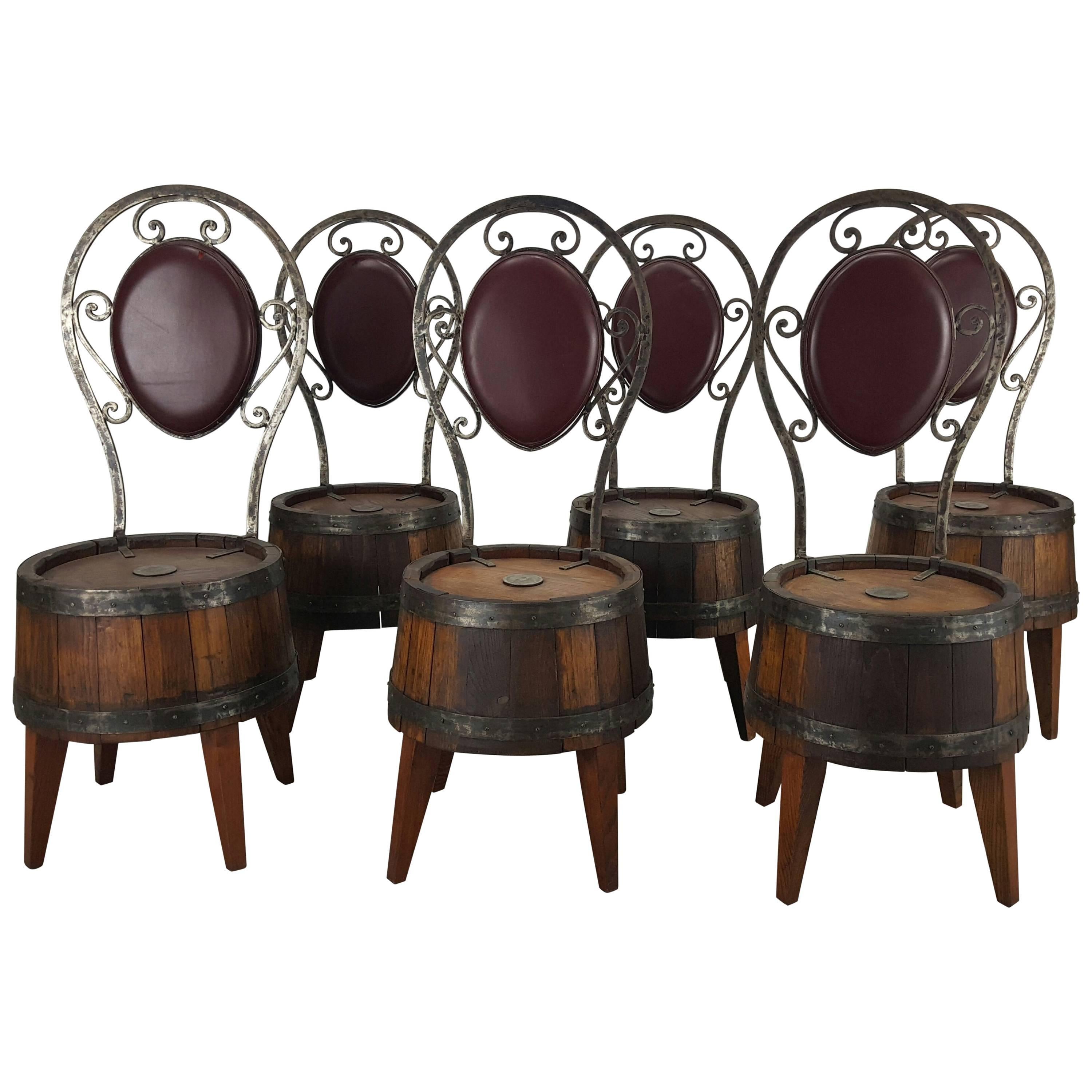 Unusual Set of Six Whiskey Barrel and Hammered Iron Pub Chairs For Sale