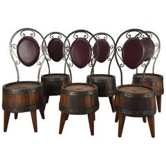 Used Unusual Set of Six Whiskey Barrel and Hammered Iron Pub Chairs