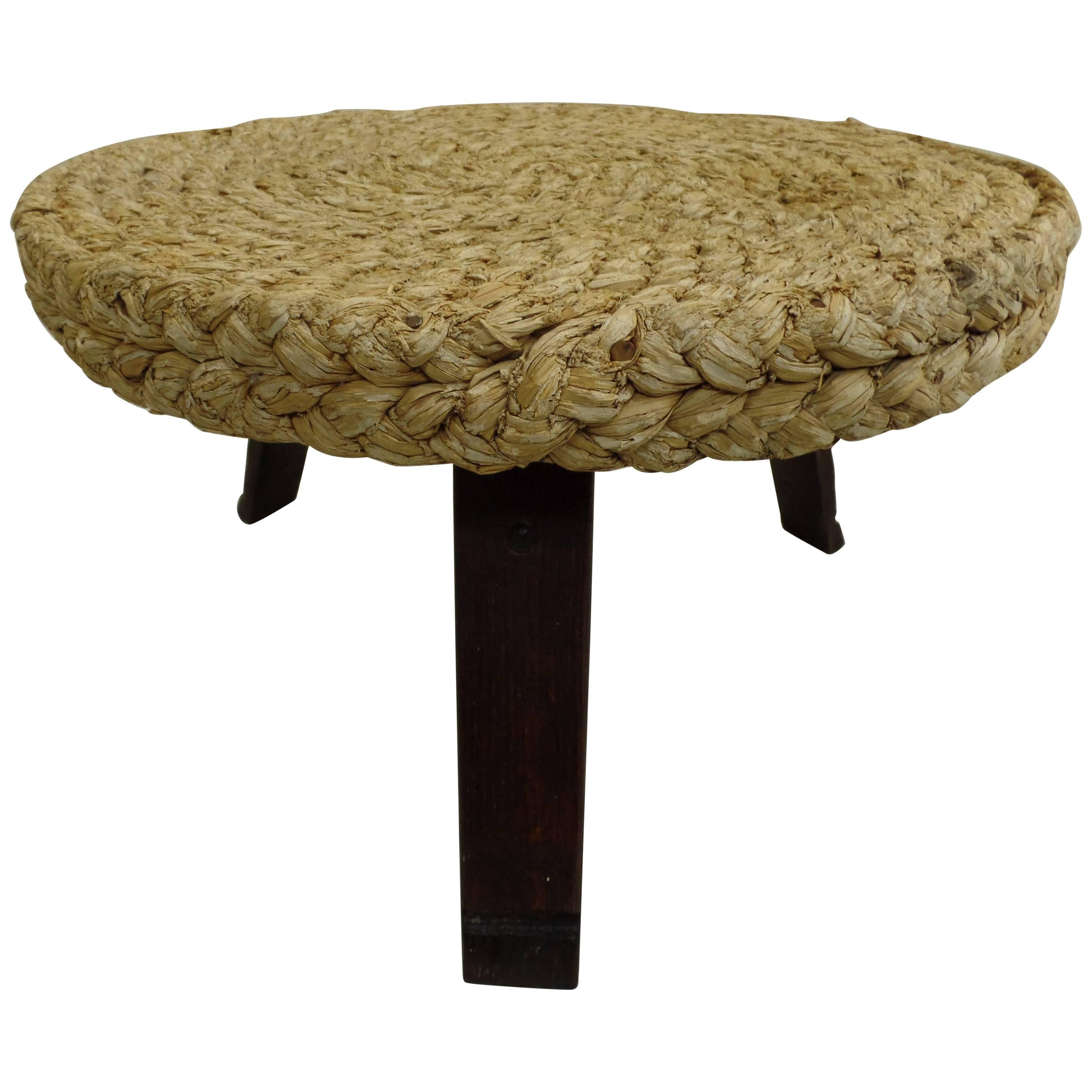 French Mid-Century Modern Woven Rush Round Coffee Table by Audoux & Minet, 1940