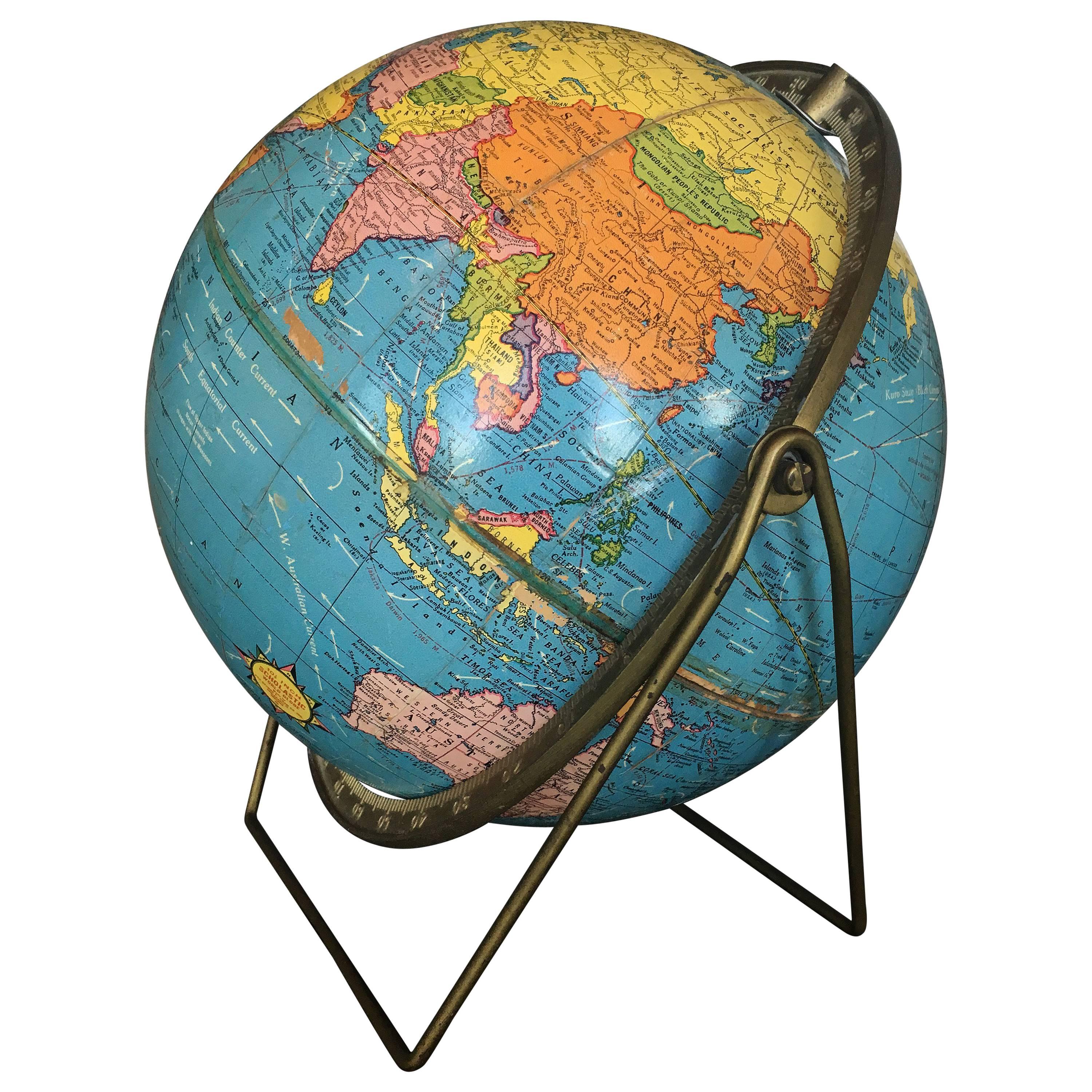 Vintage Scholastic World Globe with Rotating Stand, circa 20th Century