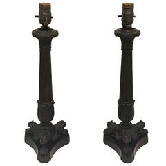 Pair of Empire Style Bronze Column Candlestick Lamps