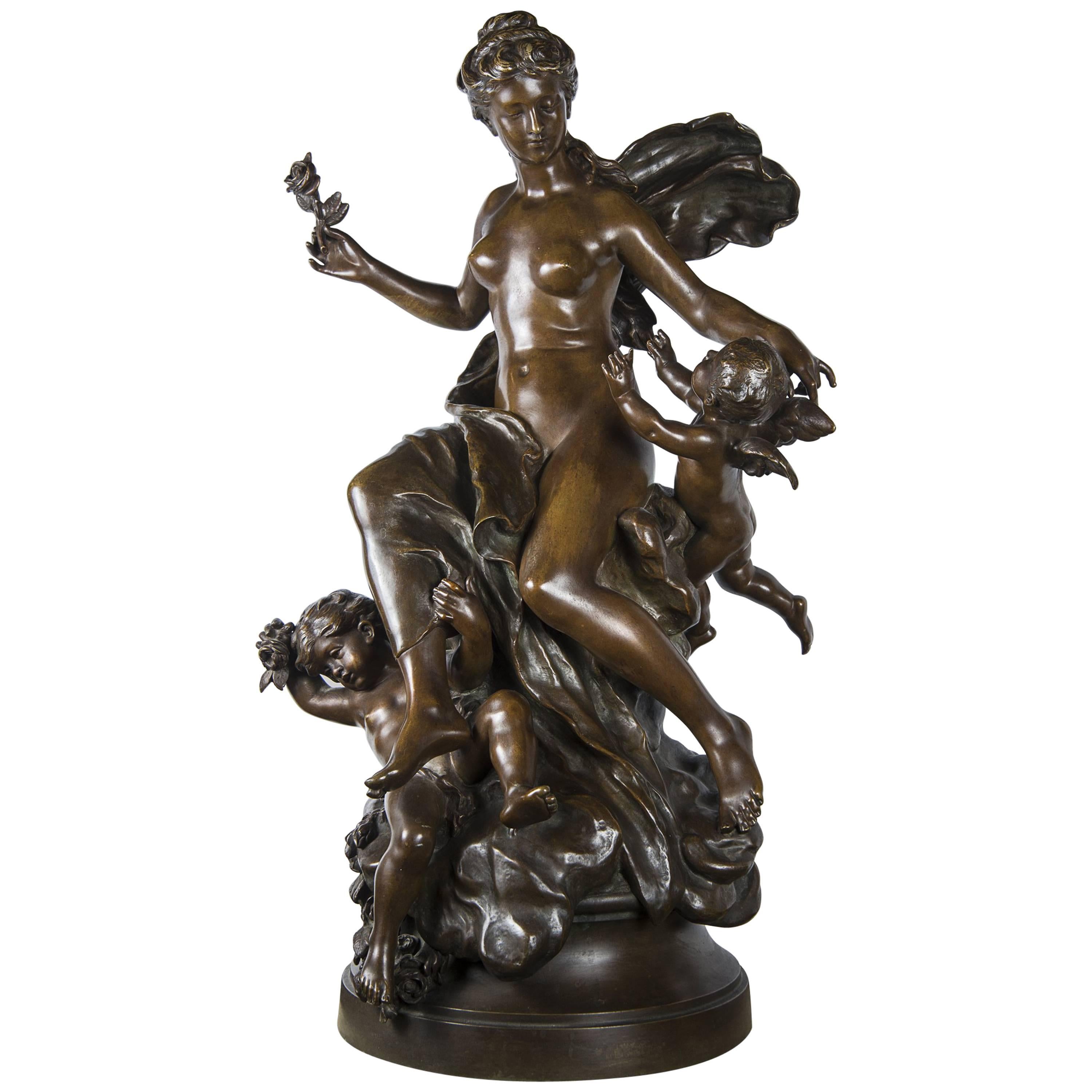 Girl with Loves Brown Patina Bronze Sculpture by Mathurin Moreau For Sale