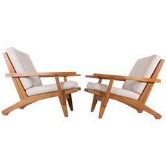 Hans J. Wegner for GETAMA Denmark Pair of Oak GE 375 Armchairs